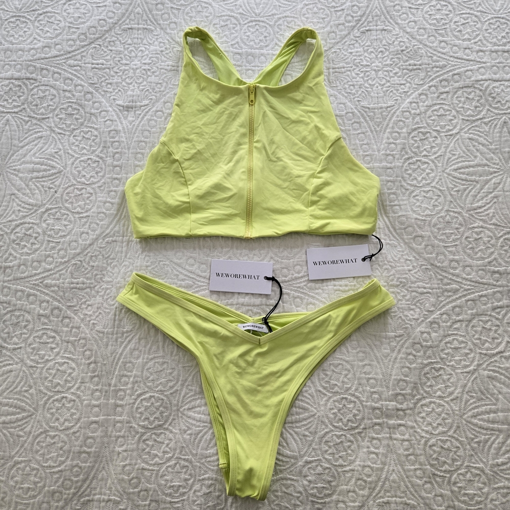 Weworewhat neon yellow zip front bikini set NWT